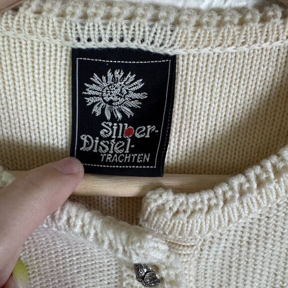 Vintage 70s Silber-Distel-Trachten Cream Wool Cardigan Silver Buttons Size 10 - Picture 2 of 5